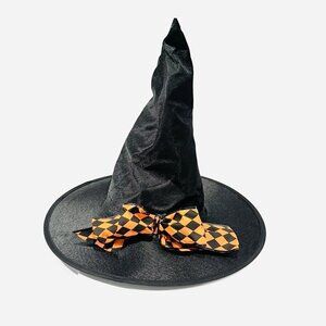 Witch Hat Black w/ Orange Black Diamond Pattern Bow Halloween Costume